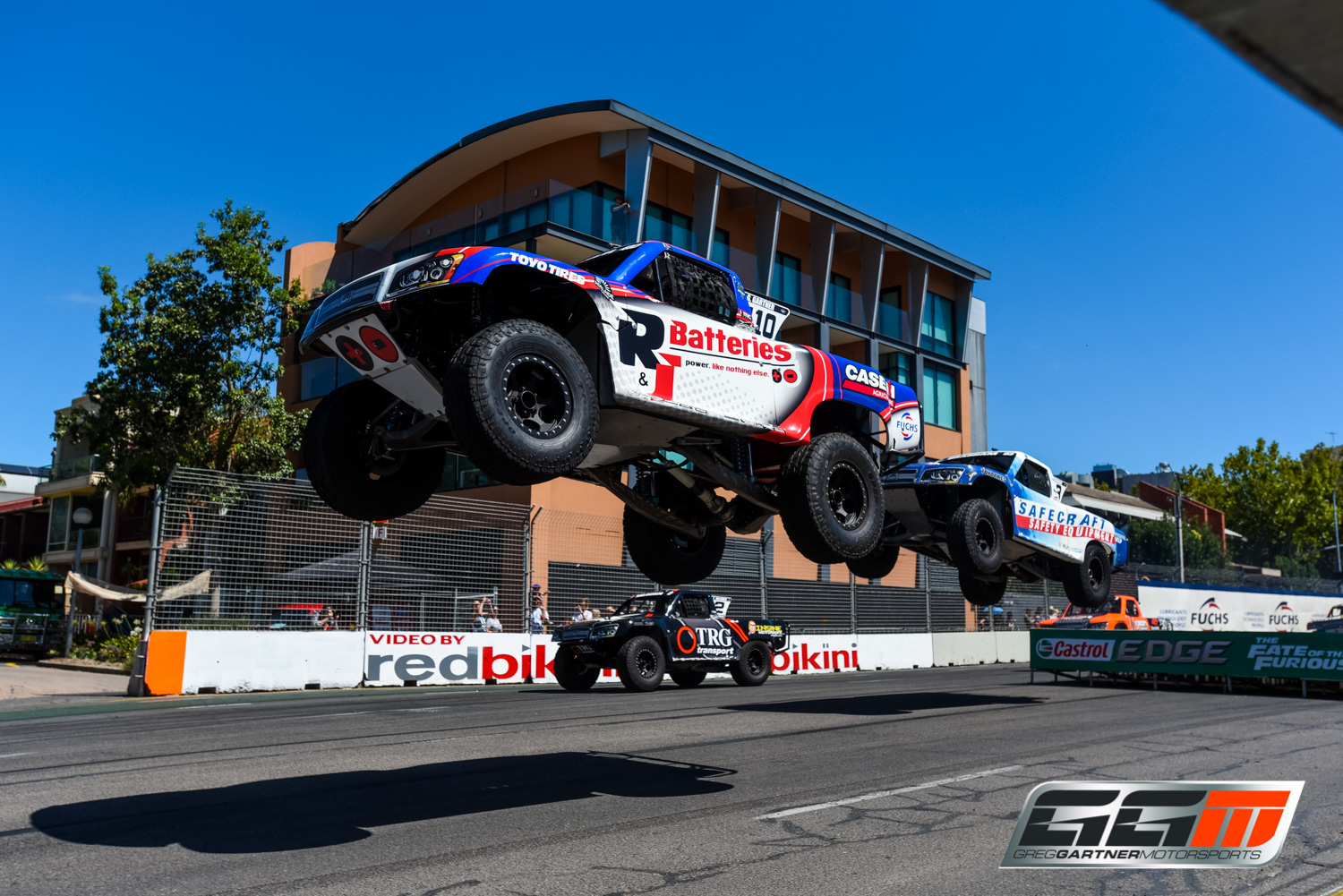 Gartner launching out of turn 7 at the Clipsal 500 in the R&J Batteries Stadium Super Truck